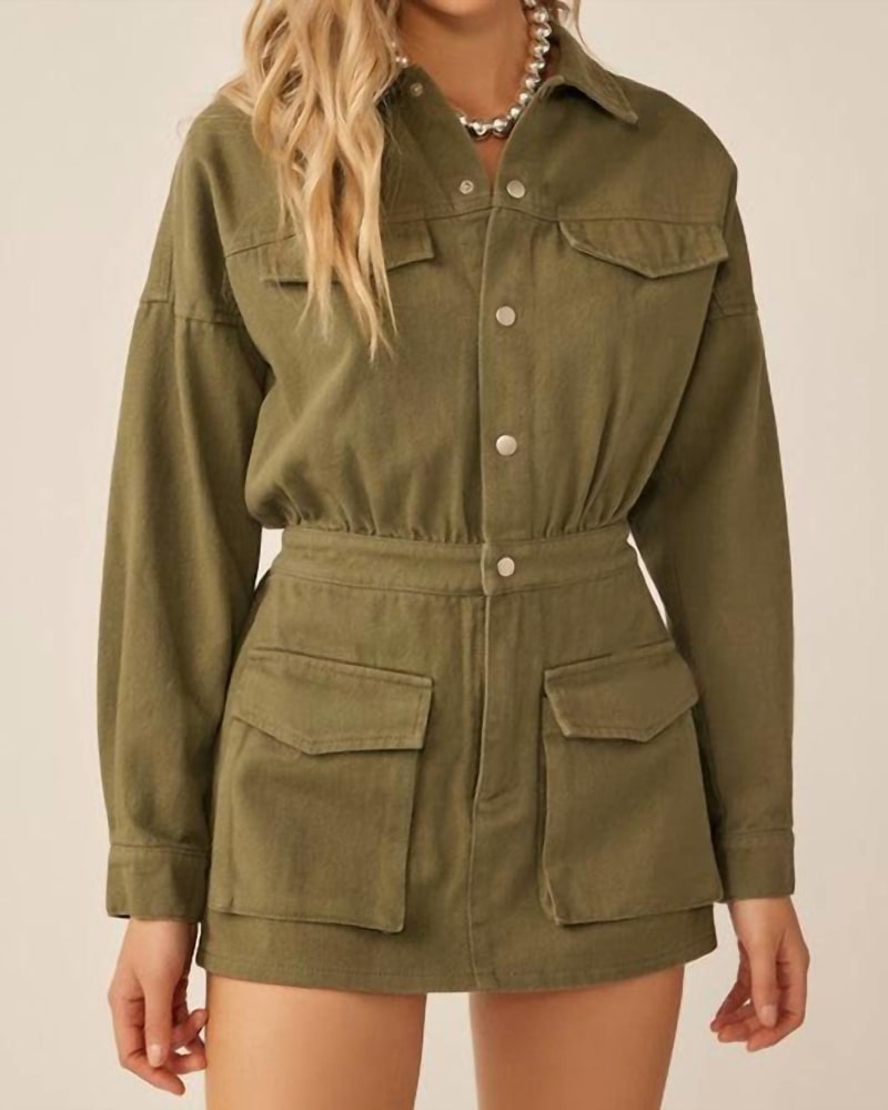 Front of a model wearing a size Large Keep It Cute Romper In Olive in Olive by Idem Ditto. | dia_product_style_image_id:359904